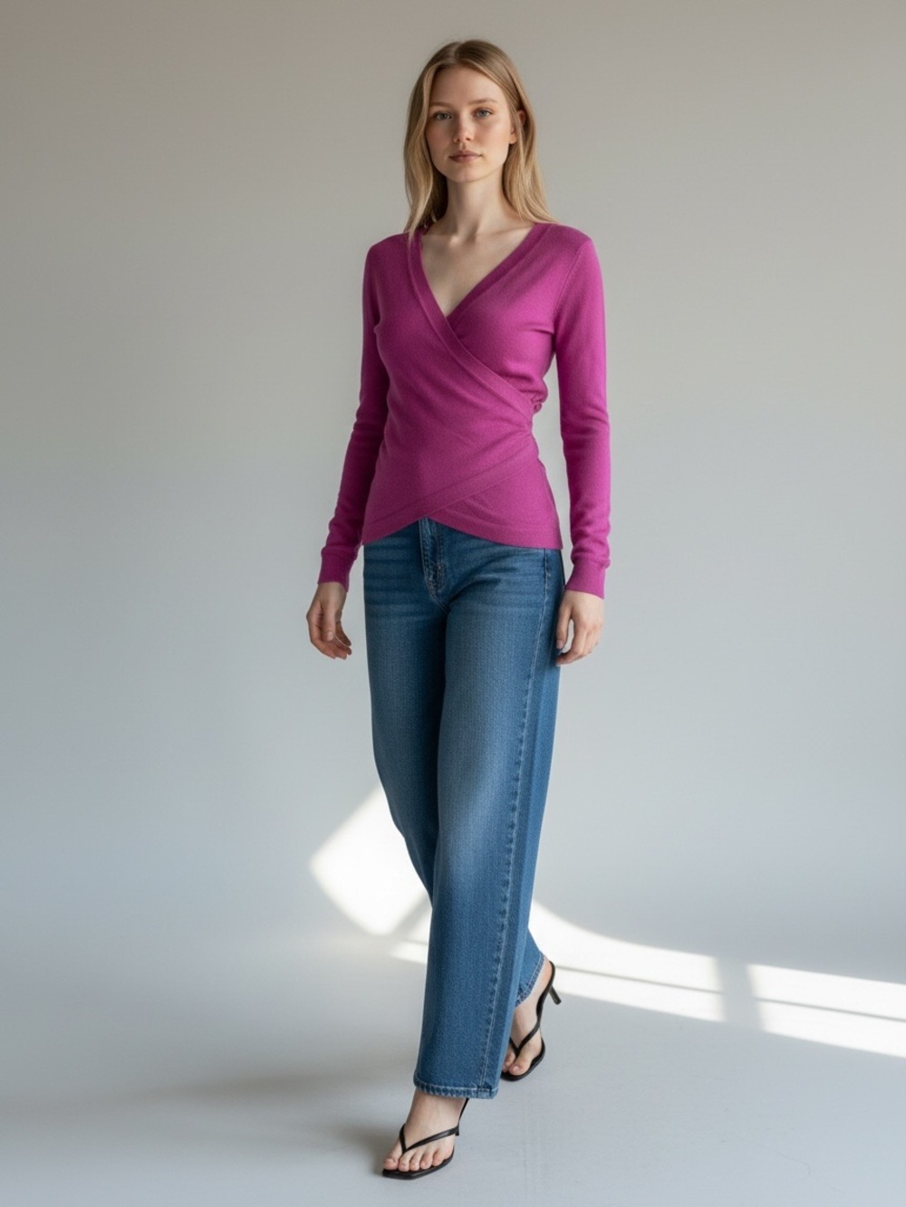 Ricki’s Fuschia Pink Wrap Front Sweater Deep V Neck Thin Knit Stretch Fit XS